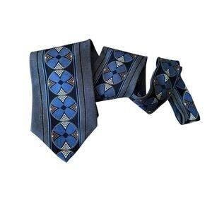 Conte Di Milano Silk Tie Blue Geometric Medallion Stripe Italy Necktie Retro‎